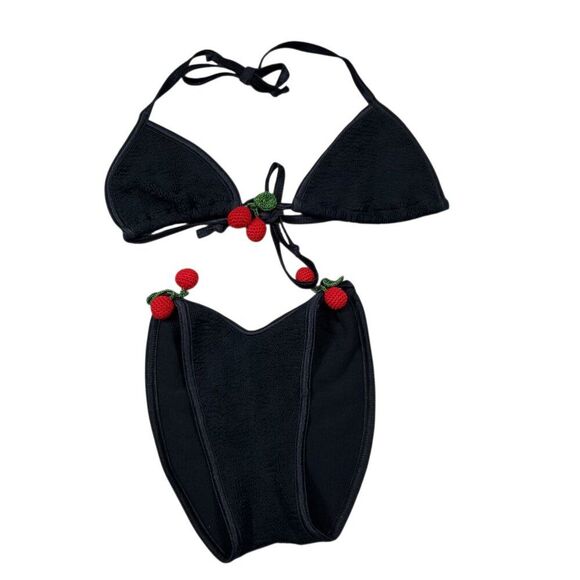 READ Hunza G Black Red Cherry Stretch Crinkle Bikini Set Top Bottom Swim - Picture 1 of 7